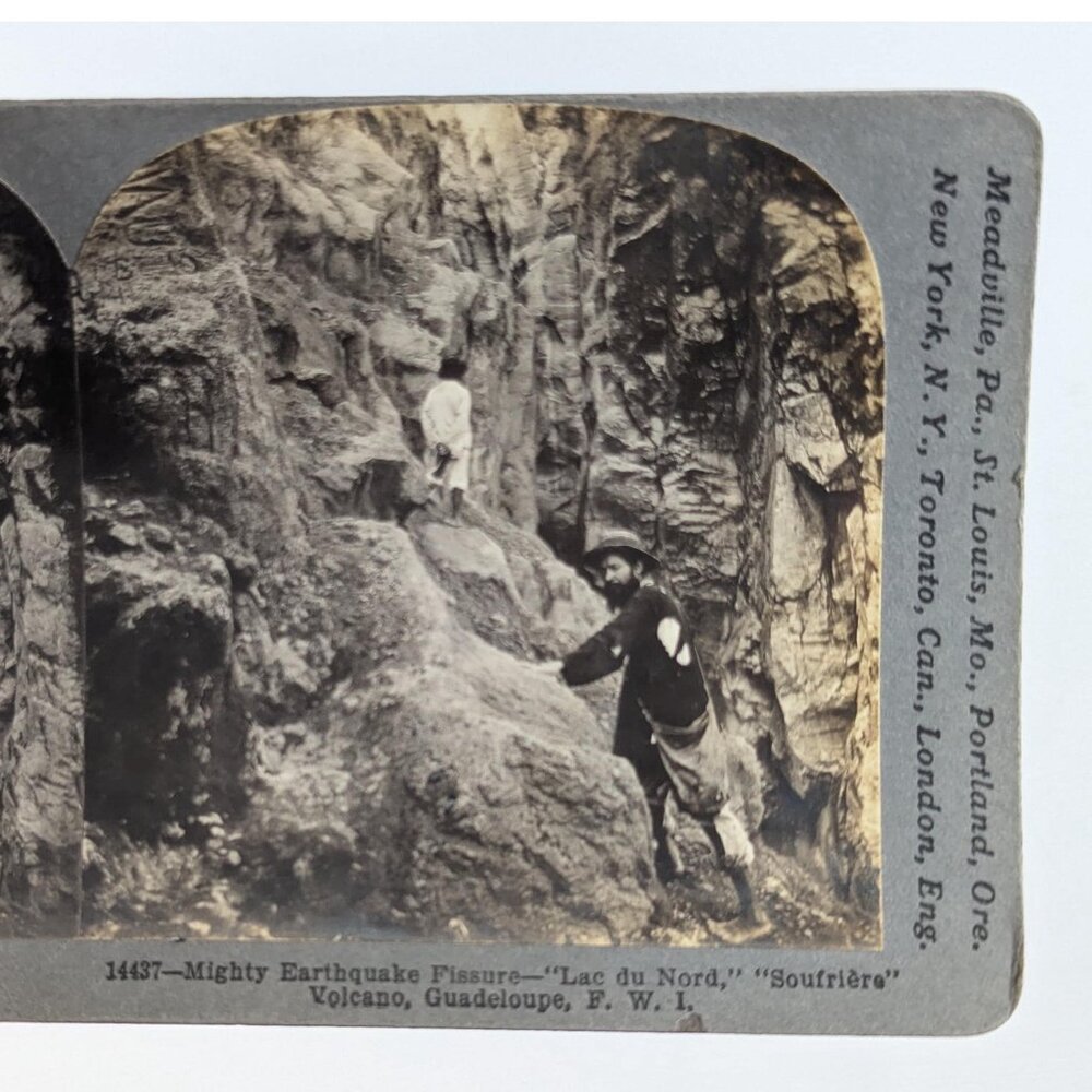 Antique Stereoview card Lac du Nord Soufriere Volcano Fissure Guadeloupe,